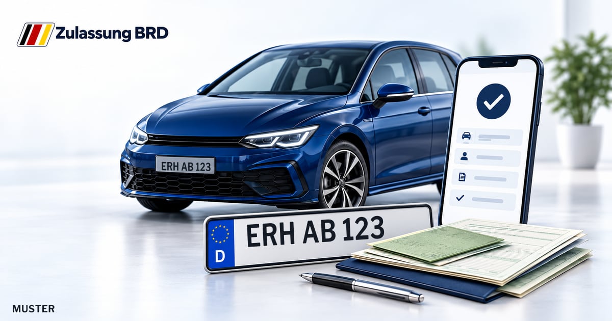 Online Fahrzeugzulassung in Landkreis Erlangen-Höchstadt: Musterkennzeichen ERH AB 123, Auto und Fahrzeugpapiere und Smartphone. Illustration mit Logo von Zulassung BRD.